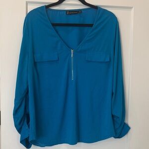 New York & Company Teal V-Neck Zipper Blouse